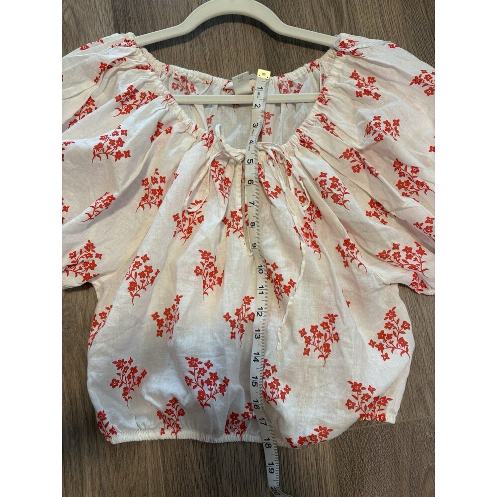 H&M Womens White Linen Blend Blouse Red Floral Puff Sleeve Cropped Peasant Sz S - Picture 5 of 8